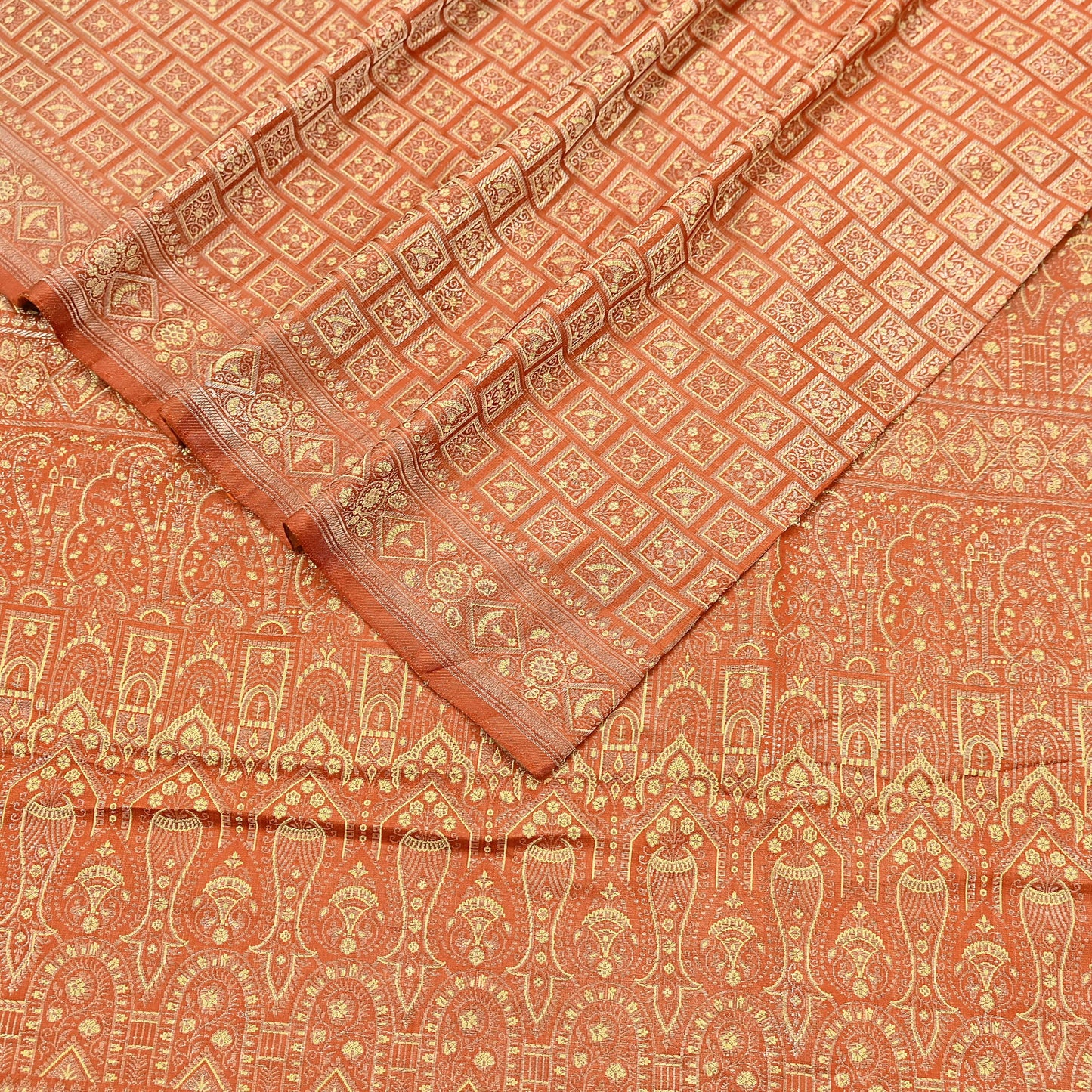 Indian Vintage Orange Banarasi Brocade Saree Heavy Zari Woven Pure Silk Fabric Crafting Quilting Dress making