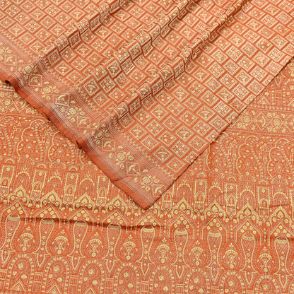 Indian Vintage Orange Banarasi Brocade Saree Heavy Zari Woven Pure Silk Fabric Crafting Quilting Dress making