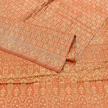 Indian Vintage Orange Banarasi Brocade Saree Heavy Zari Woven Pure Silk Fabric Crafting Quilting Dress making