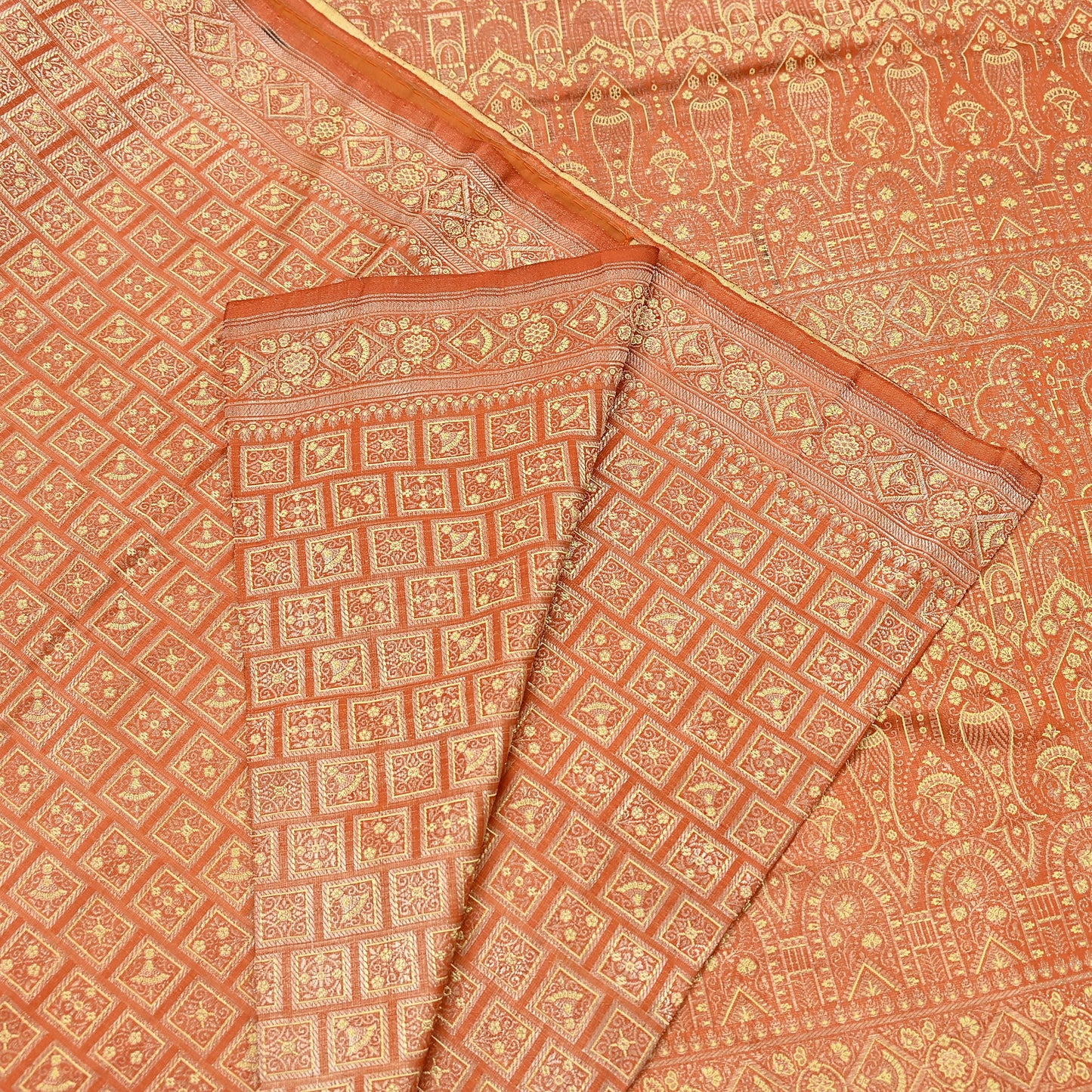 Indian Vintage Orange Banarasi Brocade Saree Heavy Zari Woven Pure Silk Fabric Crafting Quilting Dress making