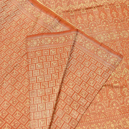 Indian Vintage Orange Banarasi Brocade Saree Heavy Zari Woven Pure Silk Fabric Crafting Quilting Dress making