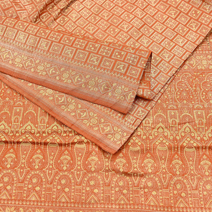 Indian Vintage Orange Banarasi Brocade Saree Heavy Zari Woven Pure Silk Fabric Crafting Quilting Dress making