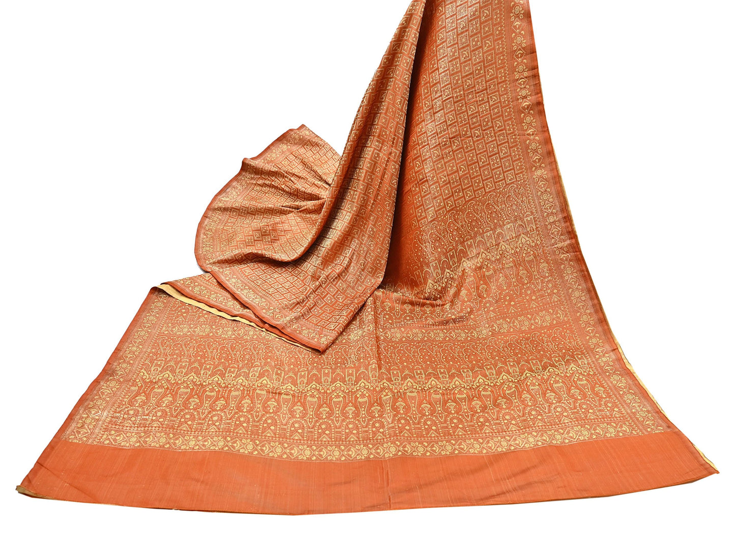 Indian Vintage Orange Banarasi Brocade Saree Heavy Zari Woven Pure Silk Fabric Crafting Quilting Dress making
