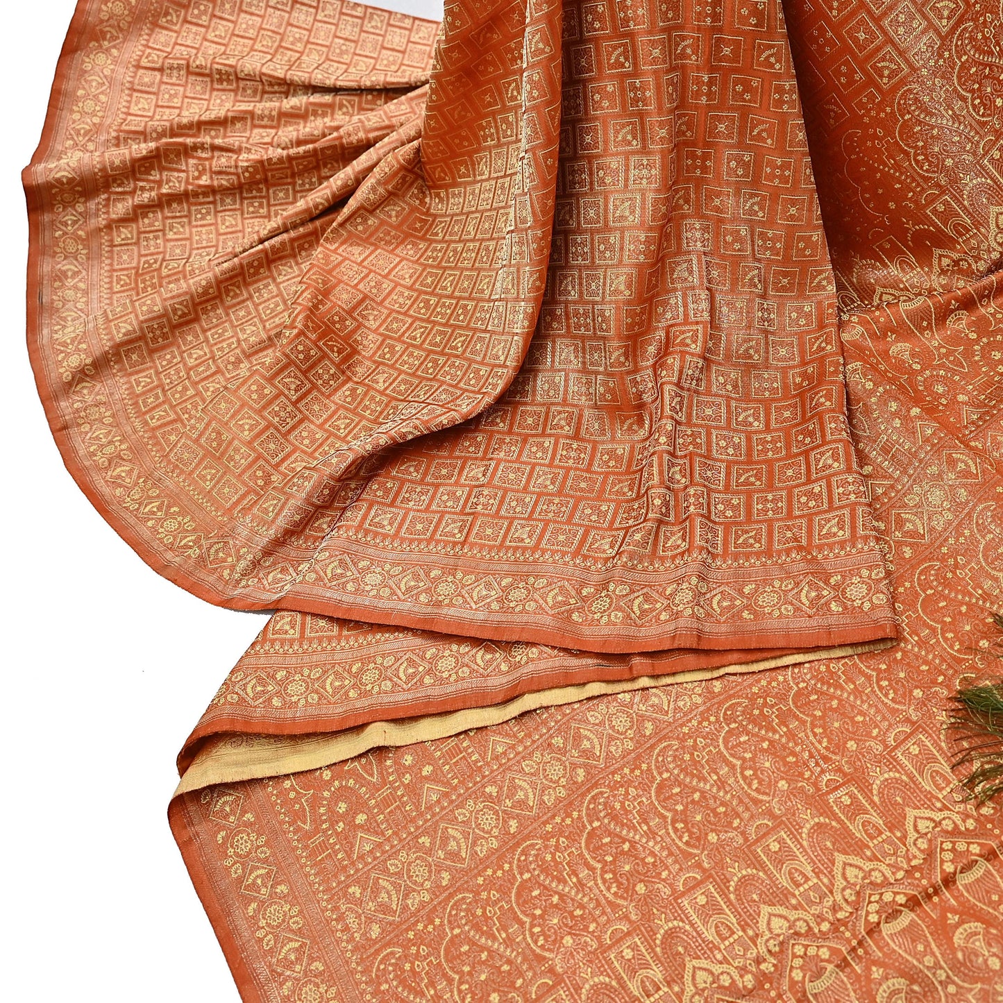 Indian Vintage Orange Banarasi Brocade Saree Heavy Zari Woven Pure Silk Fabric Crafting Quilting Dress making