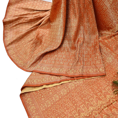 Indian Vintage Orange Banarasi Brocade Saree Heavy Zari Woven Pure Silk Fabric Crafting Quilting Dress making