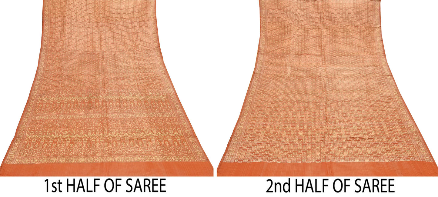 Indian Vintage Orange Banarasi Brocade Saree Heavy Zari Woven Pure Silk Fabric Crafting Quilting Dress making