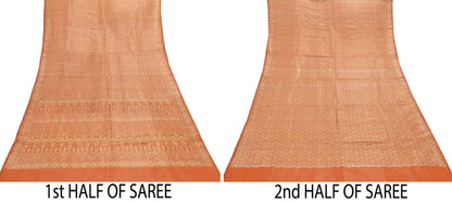 Indian Vintage Orange Banarasi Brocade Saree Heavy Zari Woven Pure Silk Fabric Crafting Quilting Dress making