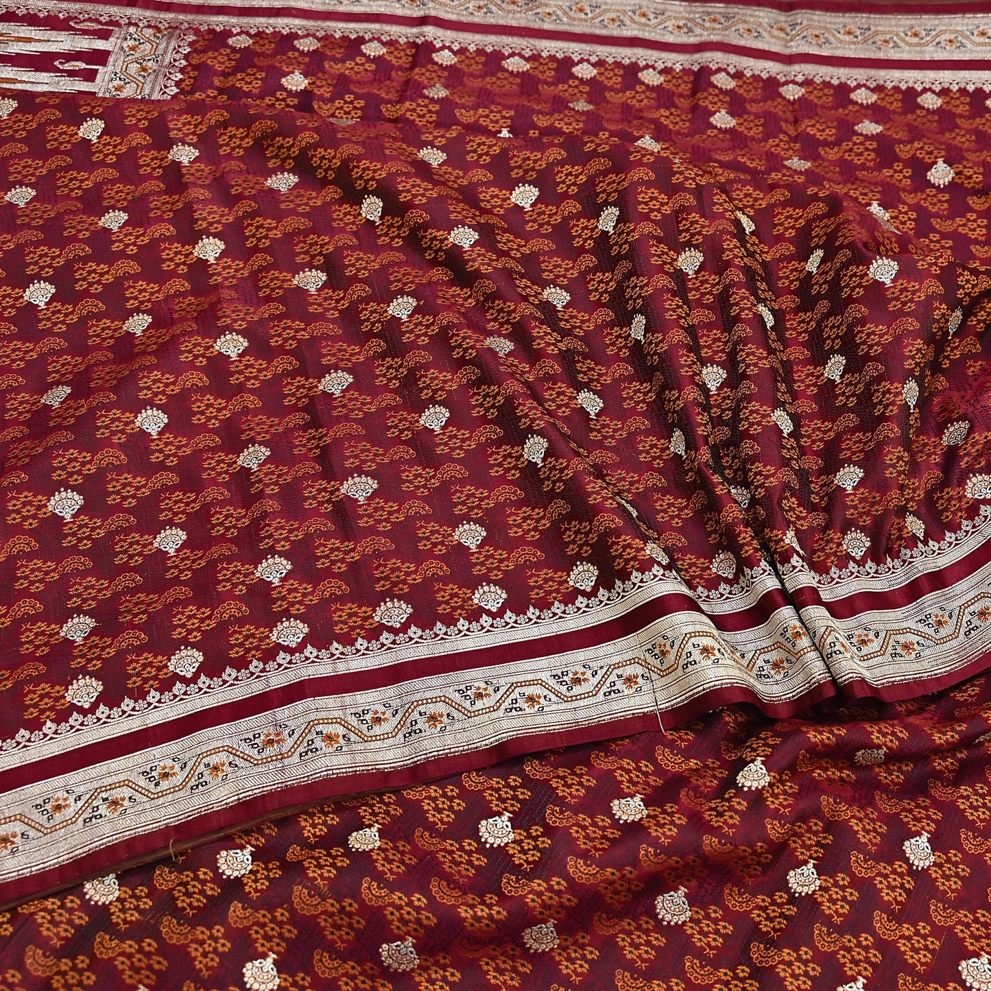 Indian Vintage Sari Maroon Heavy Wedding Pure Satin Silk Woven Banarasi Tanchoi Saree 5Yd Ethnic Craft Fabric Upcycle Bridal Heavy Sarees