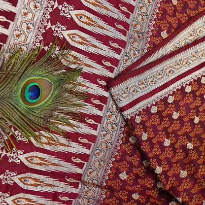 Indian Vintage Sari Maroon Heavy Wedding Pure Satin Silk Woven Banarasi Tanchoi Saree 5Yd Ethnic Craft Fabric Upcycle Bridal Heavy Sarees