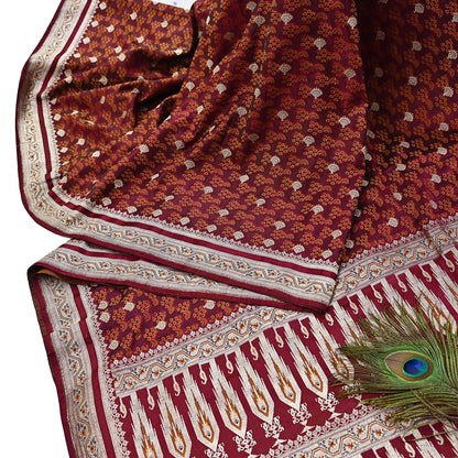 Indian Vintage Sari Maroon Heavy Wedding Pure Satin Silk Woven Banarasi Tanchoi Saree 5Yd Ethnic Craft Fabric Upcycle Bridal Heavy Sarees