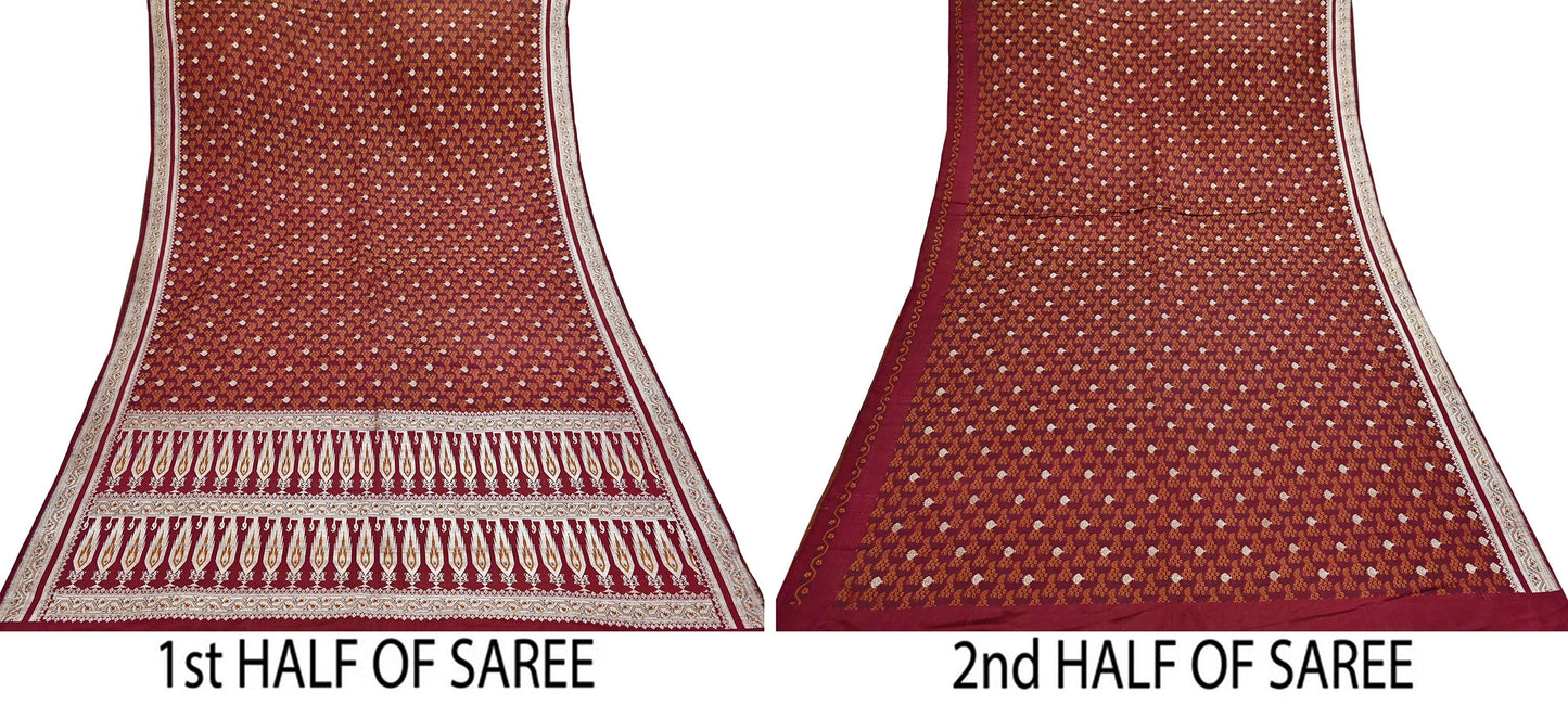Indian Vintage Sari Maroon Heavy Wedding Pure Satin Silk Woven Banarasi Tanchoi Saree 5Yd Ethnic Craft Fabric Upcycle Bridal Heavy Sarees