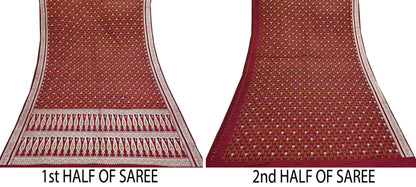 Indian Vintage Sari Maroon Heavy Wedding Pure Satin Silk Woven Banarasi Tanchoi Saree 5Yd Ethnic Craft Fabric Upcycle Bridal Heavy Sarees