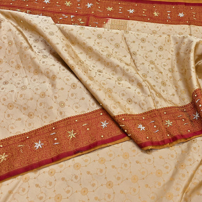 Indian Vintage Beige & Maroon Heavy Wedding Saree Pure Satin Silk Hand Embroidered Tanchoi Banarsi Sari Zari/Zardozi/Dabka 5Yd Dressmaking