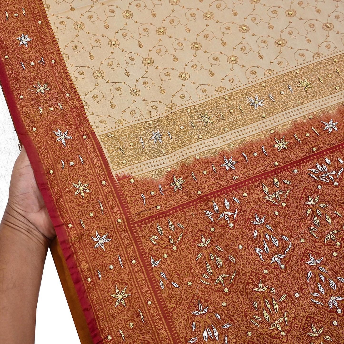 Indian Vintage Beige & Maroon Heavy Wedding Saree Pure Satin Silk Hand Embroidered Tanchoi Banarsi Sari Zari/Zardozi/Dabka 5Yd Dressmaking