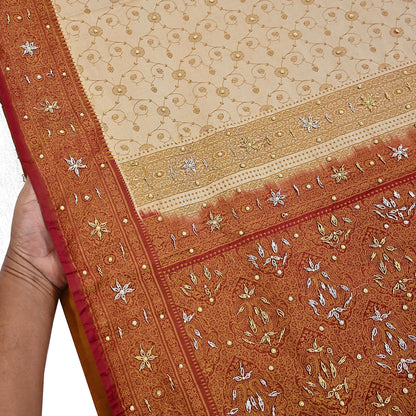 Indian Vintage Beige & Maroon Heavy Wedding Saree Pure Satin Silk Hand Embroidered Tanchoi Banarsi Sari Zari/Zardozi/Dabka 5Yd Dressmaking