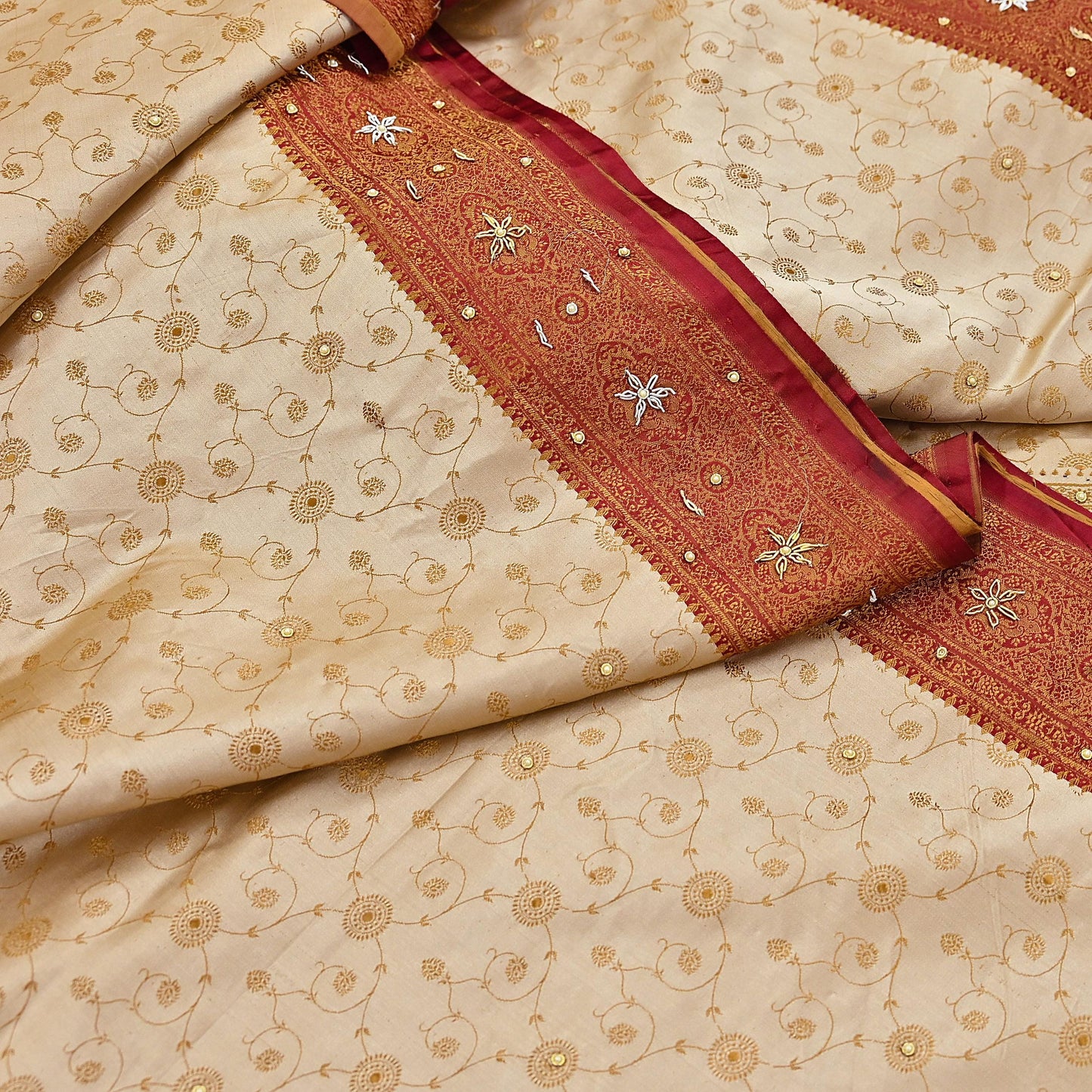 Indian Vintage Beige & Maroon Heavy Wedding Saree Pure Satin Silk Hand Embroidered Tanchoi Banarsi Sari Zari/Zardozi/Dabka 5Yd Dressmaking