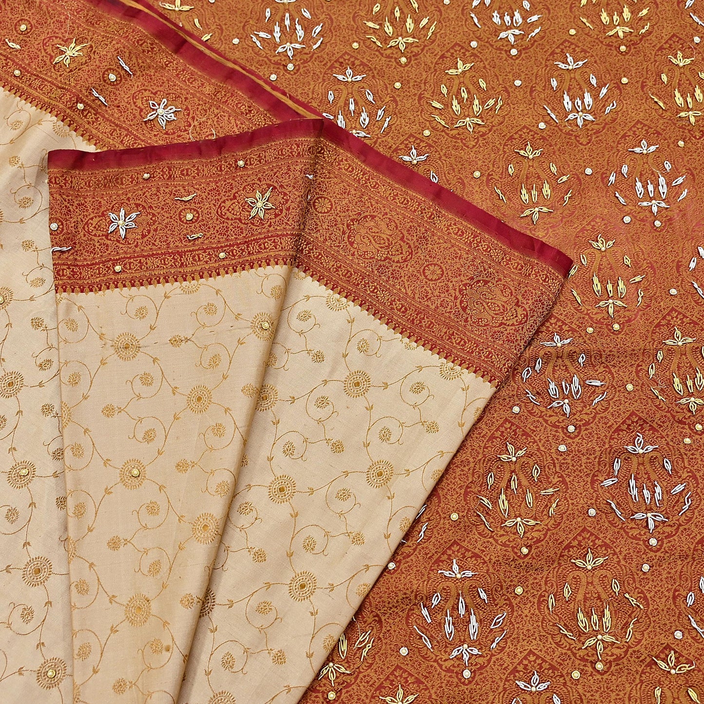 Indian Vintage Beige & Maroon Heavy Wedding Saree Pure Satin Silk Hand Embroidered Tanchoi Banarsi Sari Zari/Zardozi/Dabka 5Yd Dressmaking