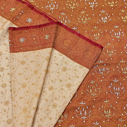Indian Vintage Beige & Maroon Heavy Wedding Saree Pure Satin Silk Hand Embroidered Tanchoi Banarsi Sari Zari/Zardozi/Dabka 5Yd Dressmaking