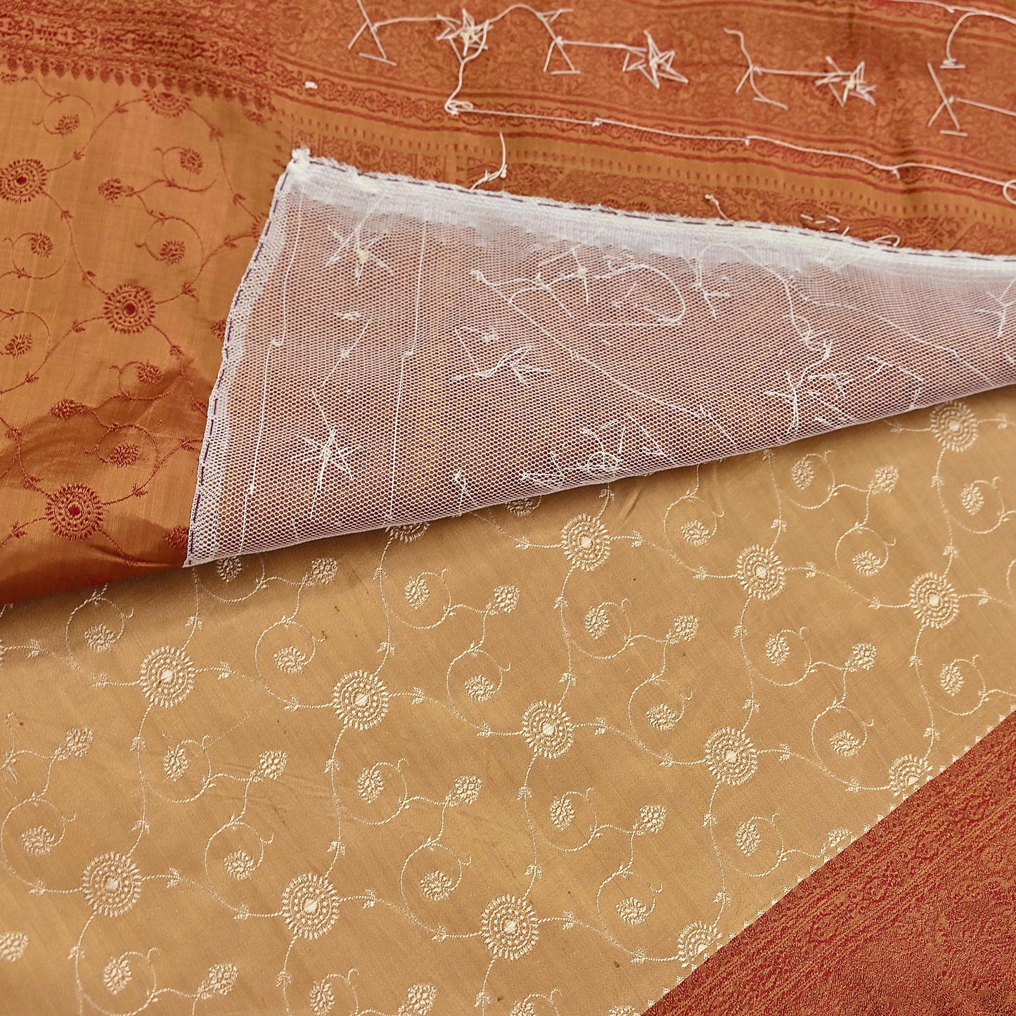 Indian Vintage Beige & Maroon Heavy Wedding Saree Pure Satin Silk Hand Embroidered Tanchoi Banarsi Sari Zari/Zardozi/Dabka 5Yd Dressmaking
