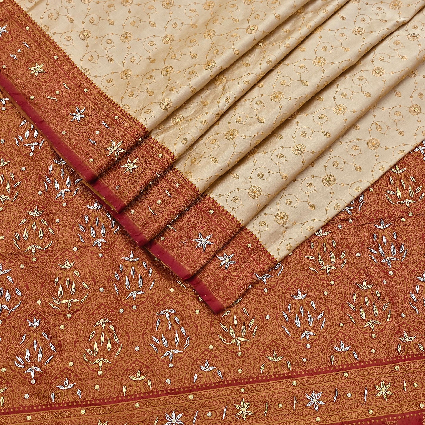 Indian Vintage Beige & Maroon Heavy Wedding Saree Pure Satin Silk Hand Embroidered Tanchoi Banarsi Sari Zari/Zardozi/Dabka 5Yd Dressmaking