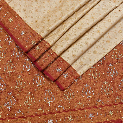 Indian Vintage Beige & Maroon Heavy Wedding Saree Pure Satin Silk Hand Embroidered Tanchoi Banarsi Sari Zari/Zardozi/Dabka 5Yd Dressmaking