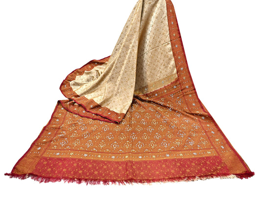 Indian Vintage Beige & Maroon Heavy Wedding Saree Pure Satin Silk Hand Embroidered Tanchoi Banarsi Sari Zari/Zardozi/Dabka 5Yd Dressmaking