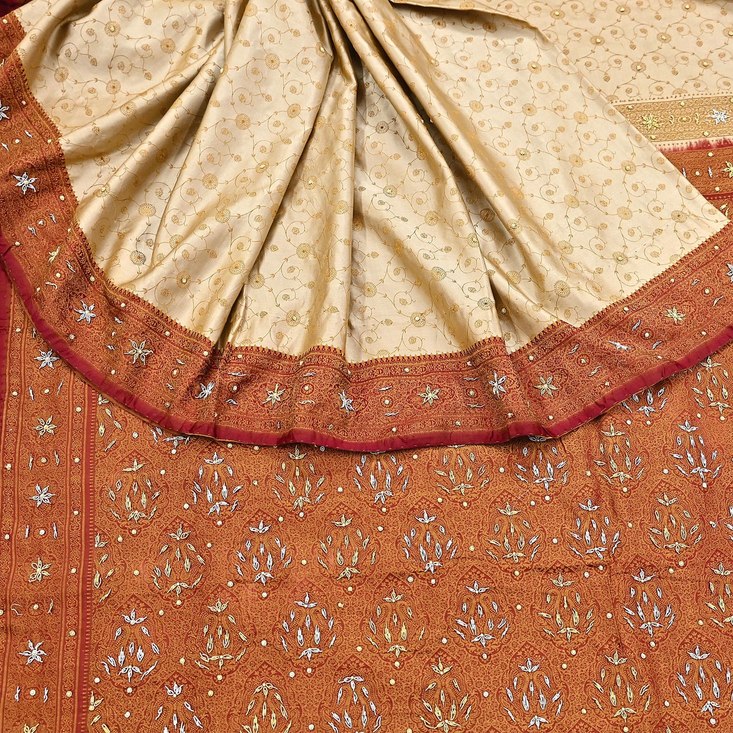 Indian Vintage Beige & Maroon Heavy Wedding Saree Pure Satin Silk Hand Embroidered Tanchoi Banarsi Sari Zari/Zardozi/Dabka 5Yd Dressmaking