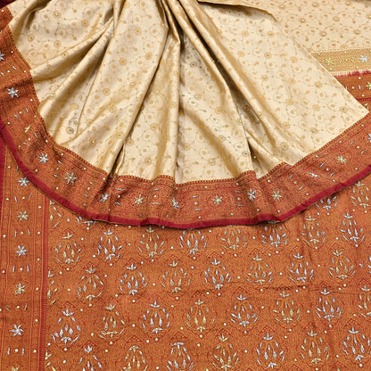 Indian Vintage Beige & Maroon Heavy Wedding Saree Pure Satin Silk Hand Embroidered Tanchoi Banarsi Sari Zari/Zardozi/Dabka 5Yd Dressmaking