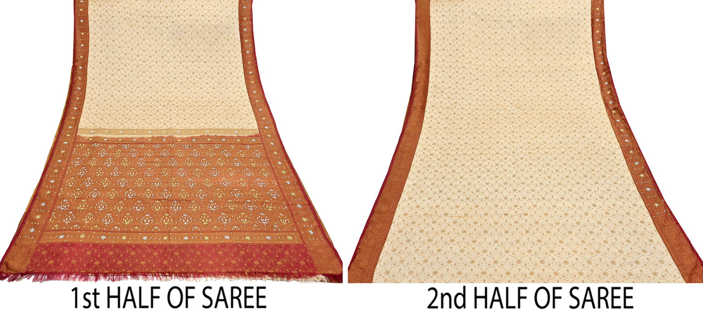 Indian Vintage Beige & Maroon Heavy Wedding Saree Pure Satin Silk Hand Embroidered Tanchoi Banarsi Sari Zari/Zardozi/Dabka 5Yd Dressmaking