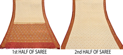 Indian Vintage Beige & Maroon Heavy Wedding Saree Pure Satin Silk Hand Embroidered Tanchoi Banarsi Sari Zari/Zardozi/Dabka 5Yd Dressmaking