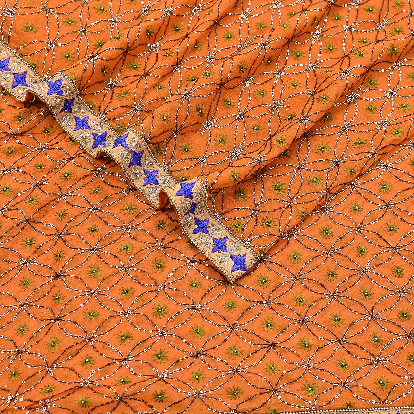 Indian Vintage Heavy Saffron Dupatta Pure Georgette Silk Long Stole Hand Embroidered Scarf Zardozi/Dabka Wedding red Hijab veil Boho