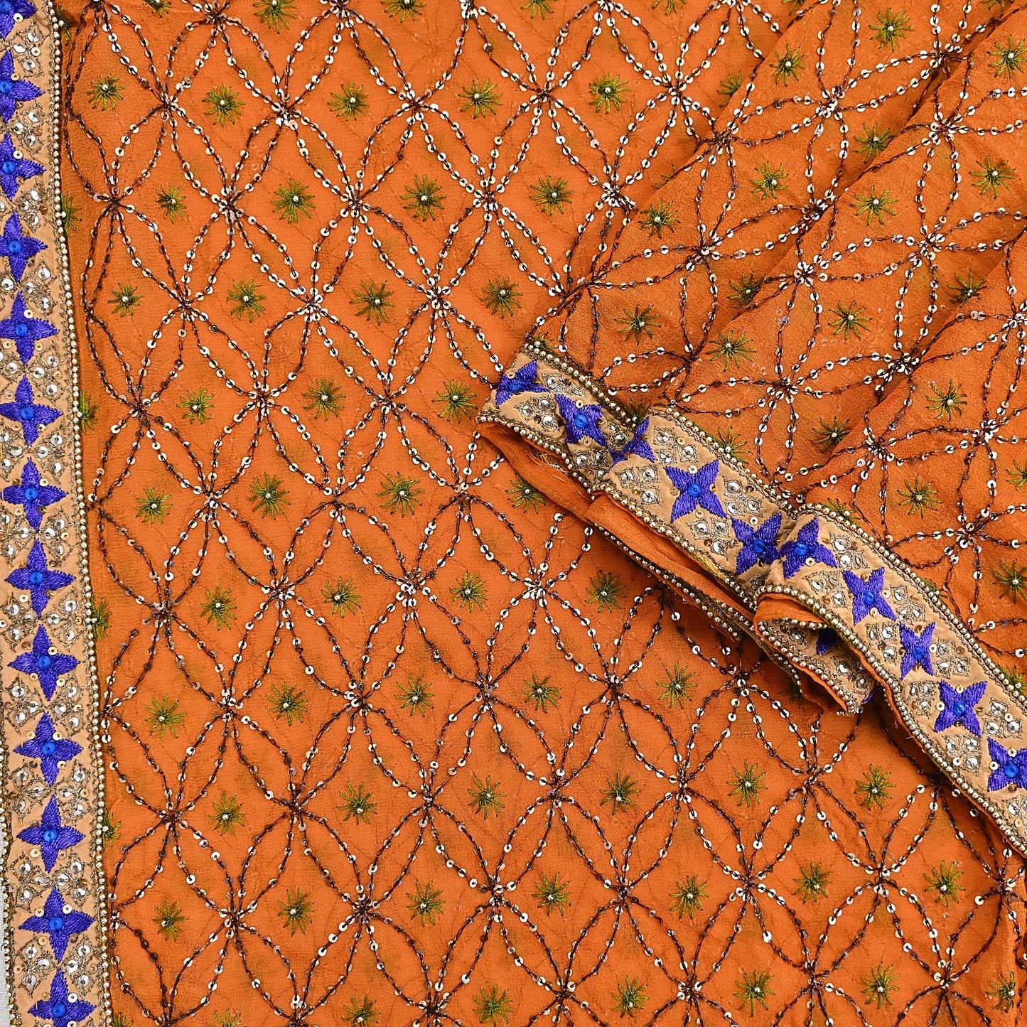 Indian Vintage Heavy Saffron Dupatta Pure Georgette Silk Long Stole Hand Embroidered Scarf Zardozi/Dabka Wedding red Hijab veil Boho