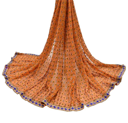 Indian Vintage Heavy Saffron Dupatta Pure Georgette Silk Long Stole Hand Embroidered Scarf Zardozi/Dabka Wedding red Hijab veil Boho