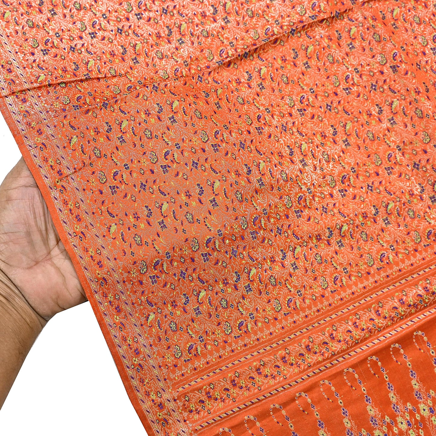 Indian Vintage Dupatta Orange Long Stole Pure Satin silk Woven Brocade Banarasi Scarves Veil Scarf Wrap Hippie Boho Soft Floral Zari