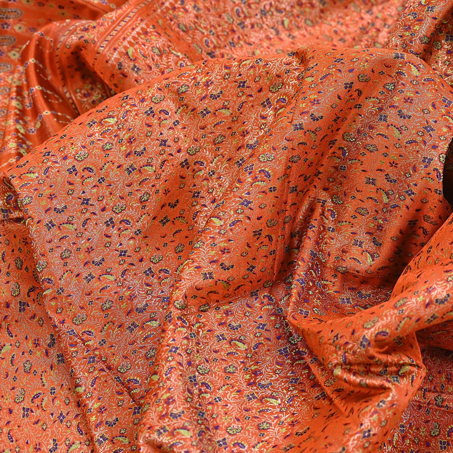 Indian Vintage Dupatta Orange Long Stole Pure Satin silk Woven Brocade Banarasi Scarves Veil Scarf Wrap Hippie Boho Soft Floral Zari