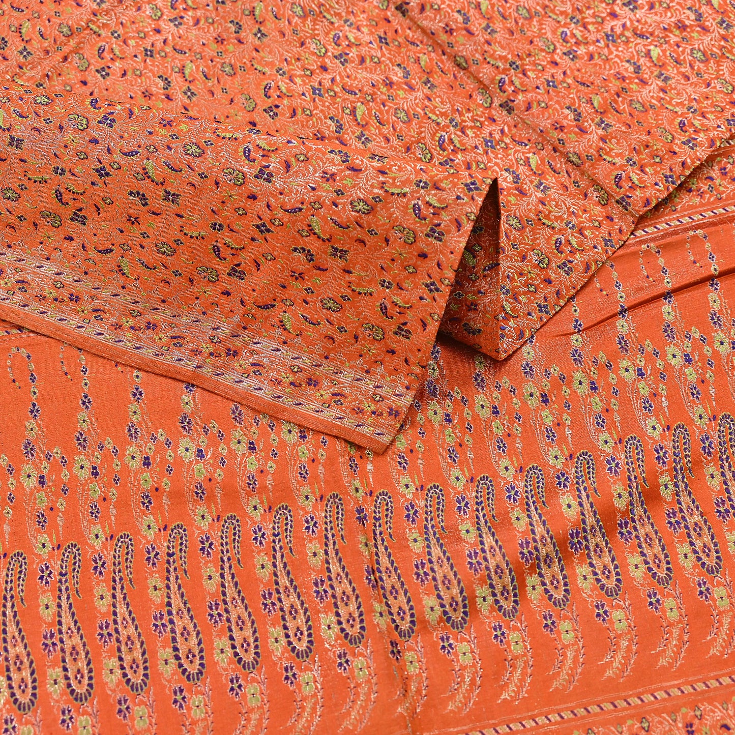 Indian Vintage Dupatta Orange Long Stole Pure Satin silk Woven Brocade Banarasi Scarves Veil Scarf Wrap Hippie Boho Soft Floral Zari