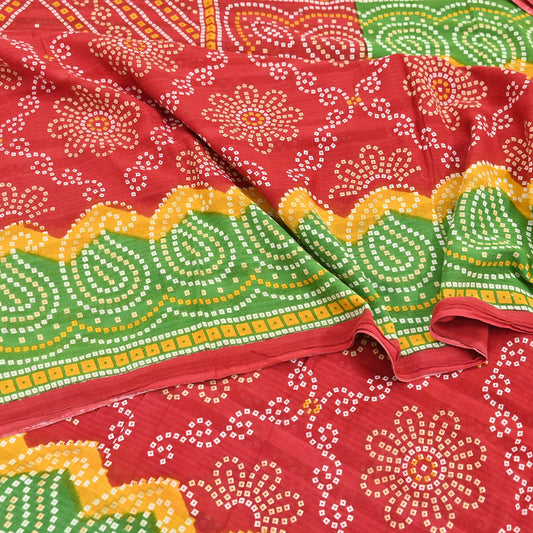 Indian Vintage Sari Red & Green Pure Cotton Bandhani Printed Sarees Fabric 5yd Sewing Craft Fabric DressMaking Soft Crafting Quilting