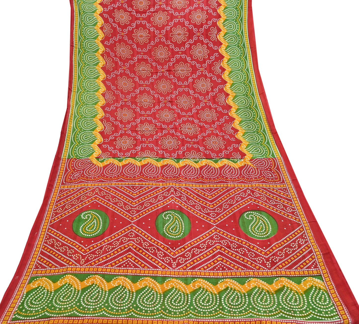 Indian Vintage Sari Red & Green Pure Cotton Bandhani Printed Sarees Fabric 5yd Sewing Craft Fabric DressMaking Soft Crafting Quilting