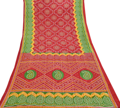 Indian Vintage Sari Red & Green Pure Cotton Bandhani Printed Sarees Fabric 5yd Sewing Craft Fabric DressMaking Soft Crafting Quilting
