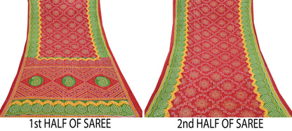 Indian Vintage Sari Red & Green Pure Cotton Bandhani Printed Sarees Fabric 5yd Sewing Craft Fabric DressMaking Soft Crafting Quilting
