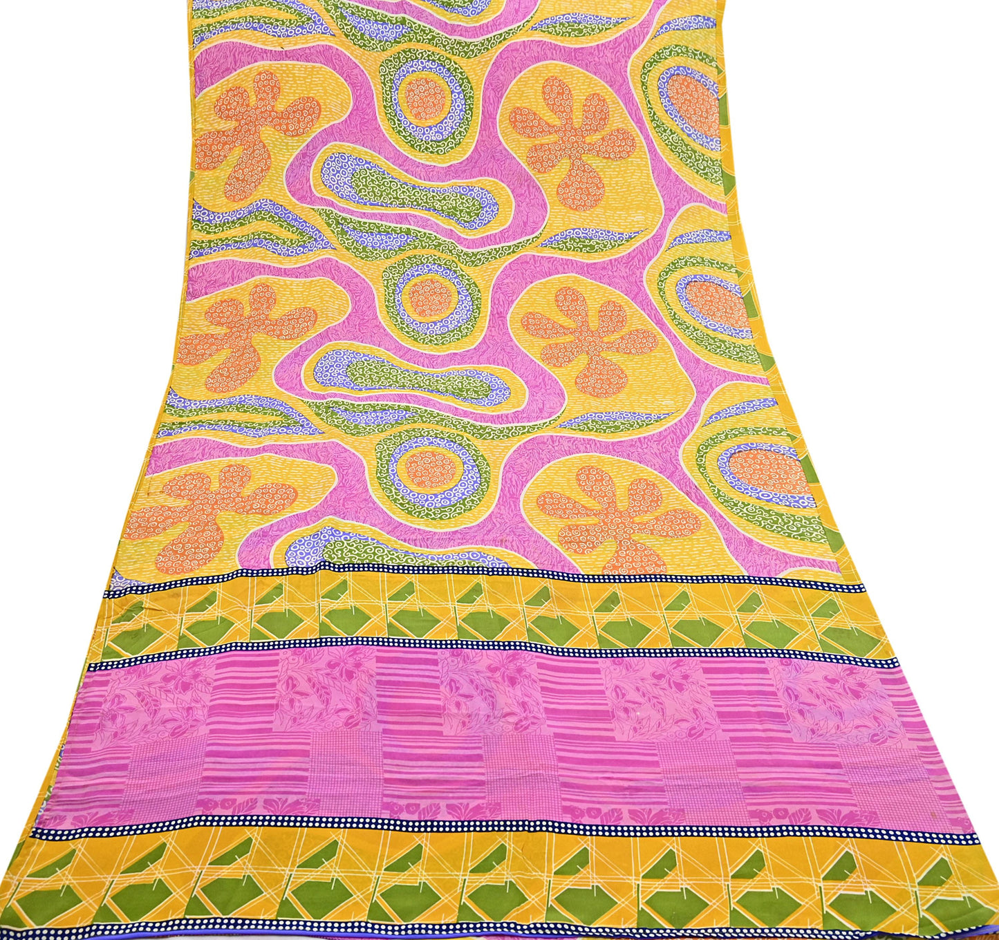Indian Vintage Pink & Yellow Pure Crepe Silk Saree Floral Print 5 Yards Soft Sewing Fabric for Dressmaking, Quilting, Crafting Upcycling