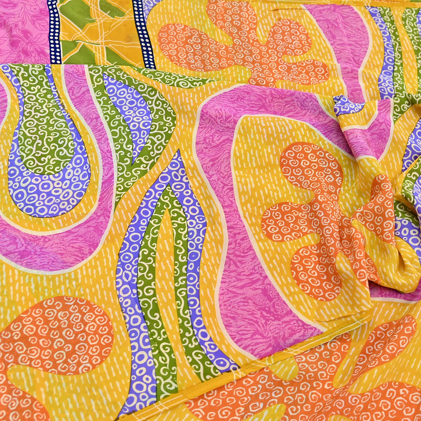 Indian Vintage Pink & Yellow Pure Crepe Silk Saree Floral Print 5 Yards Soft Sewing Fabric for Dressmaking, Quilting, Crafting Upcycling
