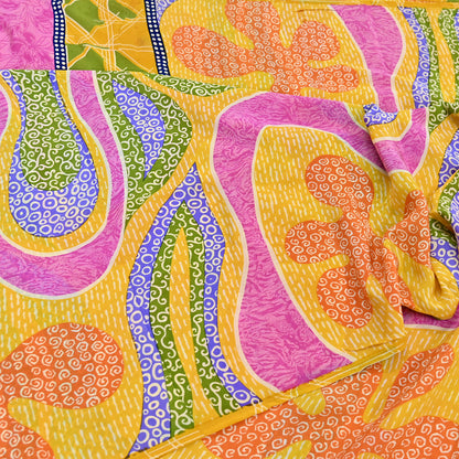 Indian Vintage Pink & Yellow Pure Crepe Silk Saree Floral Print 5 Yards Soft Sewing Fabric for Dressmaking, Quilting, Crafting Upcycling