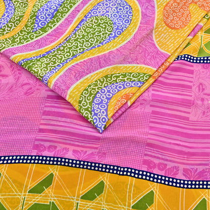 Indian Vintage Pink & Yellow Pure Crepe Silk Saree Floral Print 5 Yards Soft Sewing Fabric for Dressmaking, Quilting, Crafting Upcycling