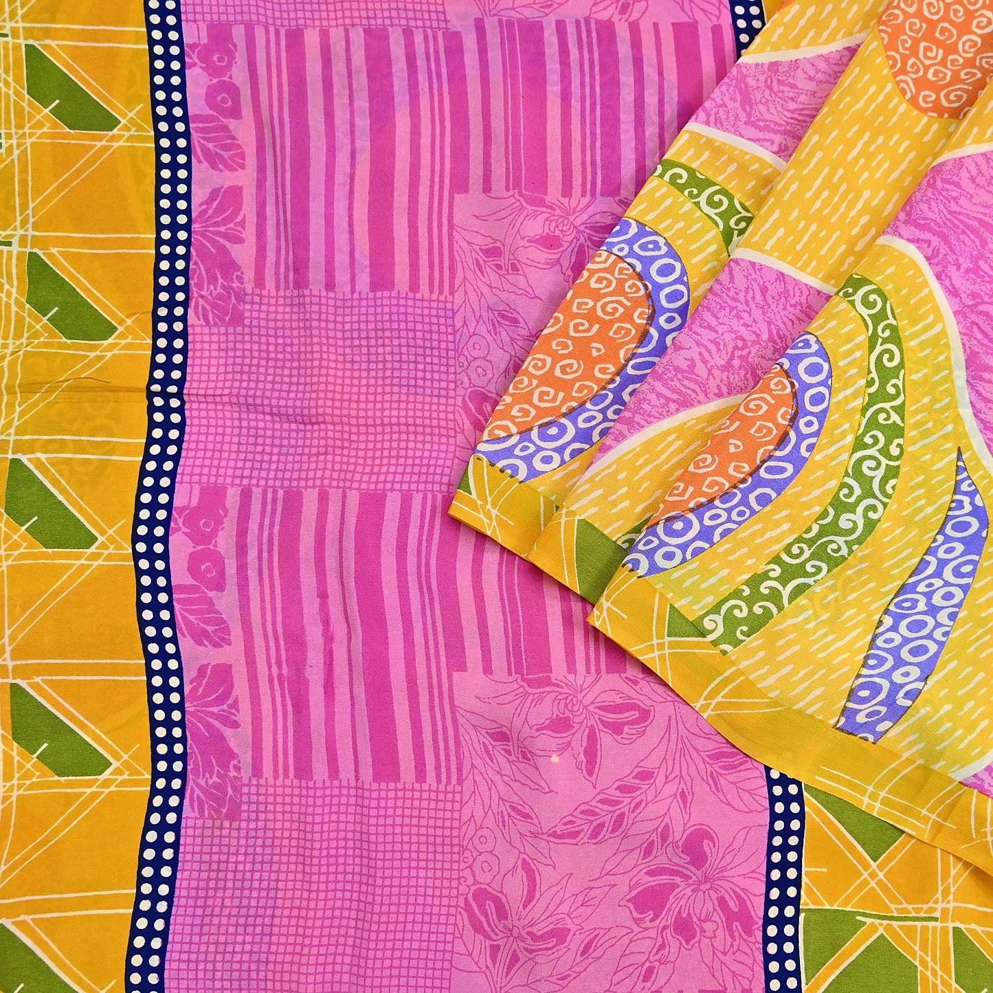 Indian Vintage Pink & Yellow Pure Crepe Silk Saree Floral Print 5 Yards Soft Sewing Fabric for Dressmaking, Quilting, Crafting Upcycling