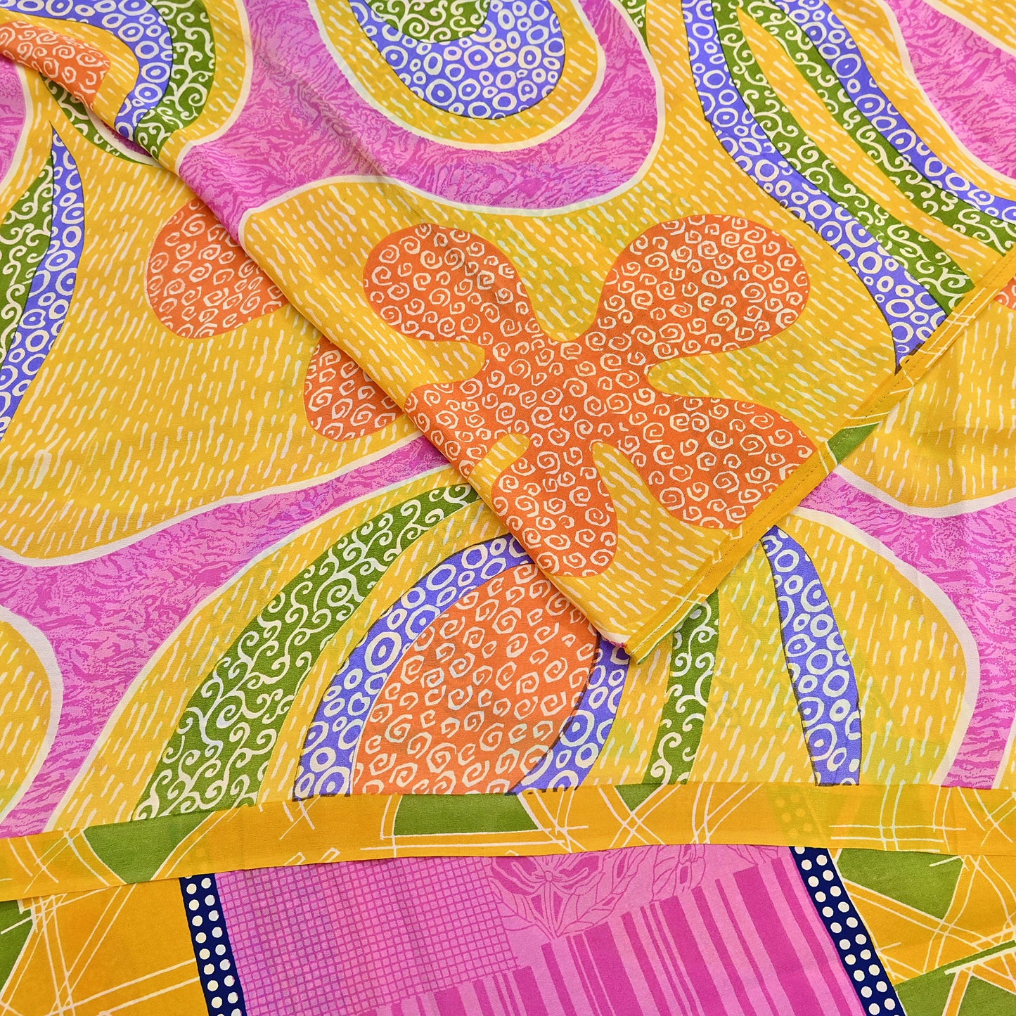 Indian Vintage Pink & Yellow Pure Crepe Silk Saree Floral Print 5 Yards Soft Sewing Fabric for Dressmaking, Quilting, Crafting Upcycling