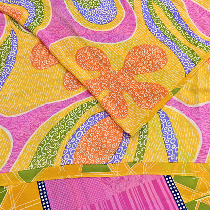Indian Vintage Pink & Yellow Pure Crepe Silk Saree Floral Print 5 Yards Soft Sewing Fabric for Dressmaking, Quilting, Crafting Upcycling