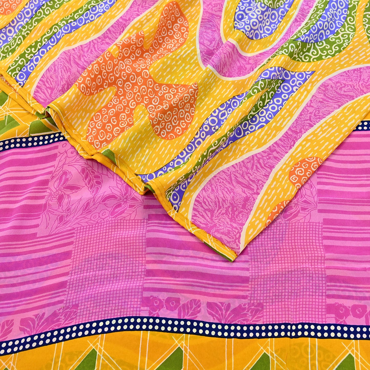 Indian Vintage Pink & Yellow Pure Crepe Silk Saree Floral Print 5 Yards Soft Sewing Fabric for Dressmaking, Quilting, Crafting Upcycling