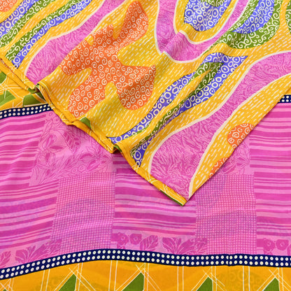 Indian Vintage Pink & Yellow Pure Crepe Silk Saree Floral Print 5 Yards Soft Sewing Fabric for Dressmaking, Quilting, Crafting Upcycling