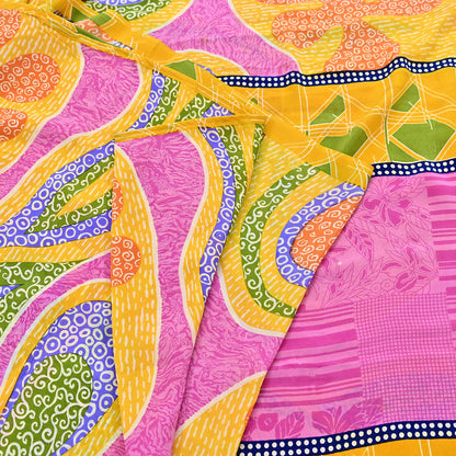 Indian Vintage Pink & Yellow Pure Crepe Silk Saree Floral Print 5 Yards Soft Sewing Fabric for Dressmaking, Quilting, Crafting Upcycling